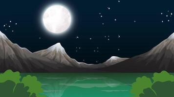 A mesmerizing night sky with a glowing full moon and twinkling stars above mountains creates a quiet atmosphere over a silent lake. video