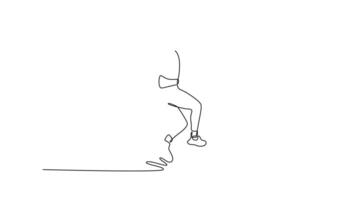 Animated self drawing of continuous line draw back view of male athlete practices in throwing javelin at sports field stadium. Sportsman training in action, motion. Full length single line animation video
