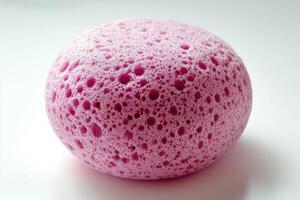 Pink sponge with bubbles displayed on a smooth surface in natural light photo