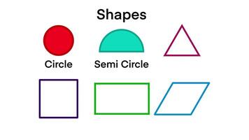 basic geometric, educational illustration displaying six basic 2D geometric shapes, Circle, Semi Circle, Triangle, Square, Rectangle, Rhombus, teaching children, students about fundamental geometric video