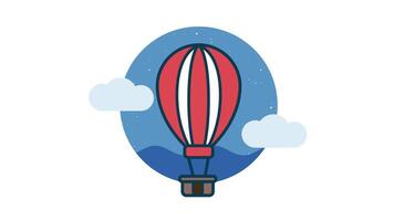 A red and blue hot air balloon floats against a bright blue sky and white clouds, creating a playful and adventurous visual animation video