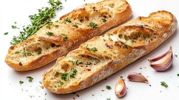 Freshly baked bread with garlic and herbs on a white background showcasing artisan craftsmanship and quality ingredients photo