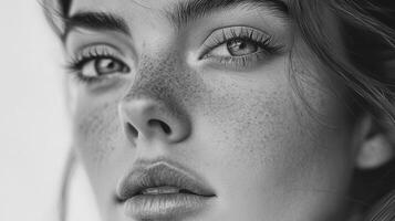 A black and white photo of a woman with freckles