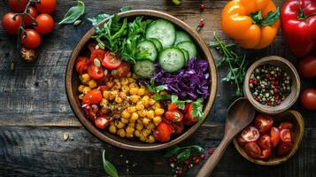 Colorful vegetable salad with fresh ingredients on a wooden table in a rustic kitchen setting photo