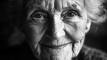 Portrait of an elderly woman with expressive wrinkles and a warm smile captured in a close-up shot photo