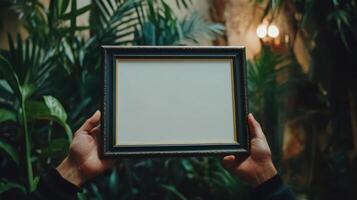 A person holds an empty framed picture in a lush green setting with soft lighting, conveying a sense of anticipation and creativity photo