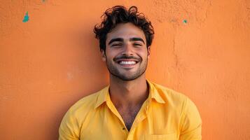 A man is smiling while standing in front of an orange wall photo