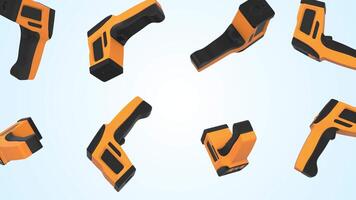 Infrared Thermometers Falling on a Light Blue Background. Temperature Gun 3D. 4K video