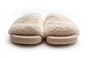 Cozy beige slippers perfect for indoor relaxation at home in the winter season photo