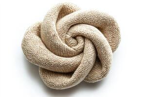 Crafted knot design made of soft beige fabric displayed on a white background for decor purposes photo