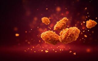 Fried chicken pieces hover in the air with a backdrop of spices and warmth photo