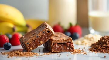 Chocolate Protein Bars with Fresh Berries and Crunchy Texture photo