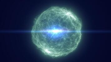 Vivid green glowing energy sphere with intense core and radiating filaments, representing futuristic technology, power, and environmental energy flow video