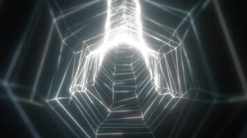 Abstract geometric tunnel formed by glowing white wireframe lines, creating a futuristic web-like structure video