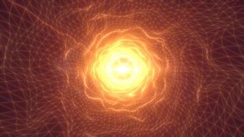 Intense glowing orange energy tunnel with bright core, abstract mesh grid, and strong digital flare in center video