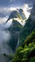 A mountain with a waterfall and lush vegetation photo