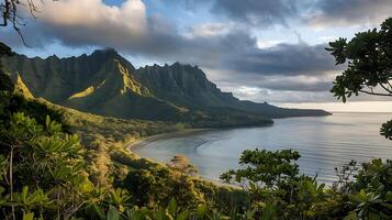 The view from the top of a mountain overlooking the ocean photo