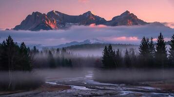 A river flows through a forest at sunrise with mountains in the background photo