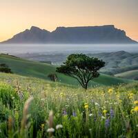A field with wildflowers and a mountain in the background photo