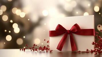 Elegant Gift Box with Red Bow and Festive Lights photo
