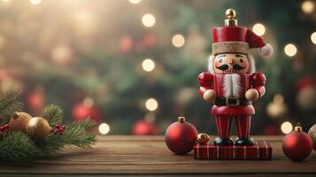 A wooden table with a red nutcracker on top of it and a bunch of red photo