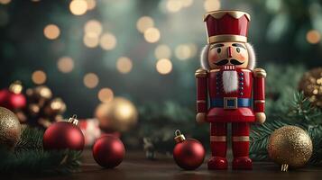 A red nutcracker stands in front of a bunch of Christmas ornaments photo