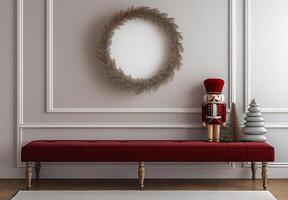 A red bench with a nutcracker on it and a wreath on the wall photo