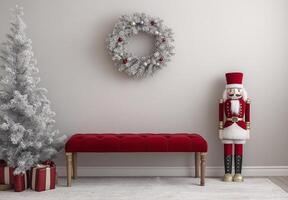 A red bench is in front of a Christmas tree and a nutcracker photo