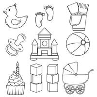 a set of isolated children's elements in the doodle style, contour coloring vector