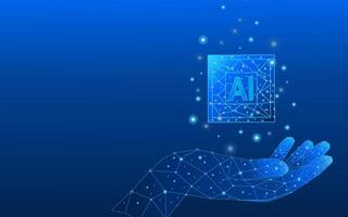 Abstract digital AI chip on blue tech low poly palm vector