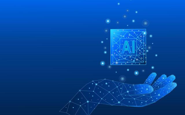 Abstract digital AI chip on blue tech low poly palm