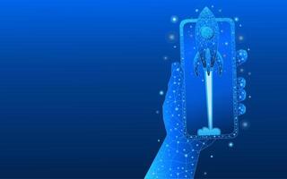 Abstract digital rocket launching from smartphone screen held by hand vector
