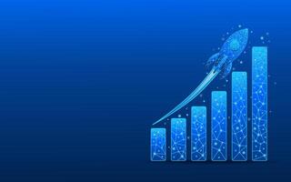 Abstract growth chart with launch rocket on electric blue low poly background vector