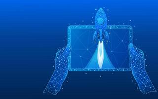 Abstract digital rocket launching from tablet screen close-up held by hands vector