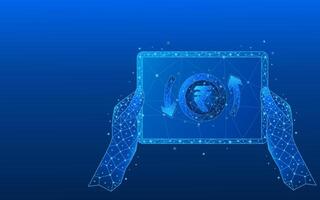 Hands holding tablet close-up with digital currency with circular cashback arrows in rupees vector