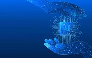 Abstract digital AI chip between human palms low poly blue technology vector
