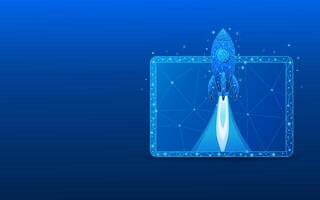 Abstract digital rocket launching from tablet screen close-up vector