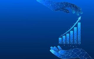 Businessman hands holding a hologram of a graph with low poly arrow vector