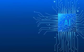 Top view of AI chip on blue technology background and circuits, artificial intelligence concept. vector