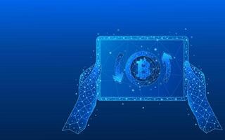 Hands holding tablet close-up with digital currency with circular arrows of bitcoin refund vector