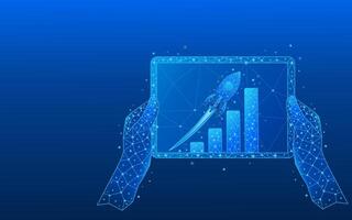 Hands holding tablet in foreground showing abstract rocket powered graph vector