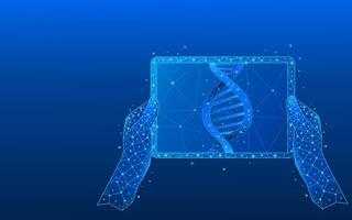 hands holding tablet in foreground low poly wireframe of genetics and biotechnology science vector