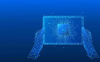Abstract light blue digital AI chip on empty low poly screen vector