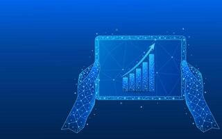 Hands holding tablet in foreground showing abstract arrow graph. Stock market concept in light blue futuristic holographic style vector