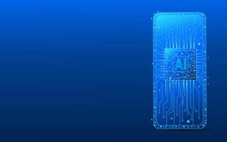 Abstract light blue digital AI chip on empty smartphone screen low poly vector