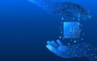 Abstract digital AI chip between low poly blue tech palm vector