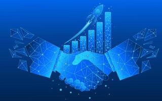Chart with rocket boosting up and businessmen handshake on low poly electric blue background vector