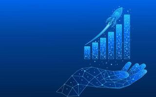Growth chart with rocket in a hand low poly vector