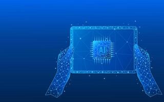 Hands holding smart tablet close-up Abstract blue technology digital AI chip vector