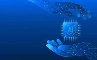 Abstract digital AI chip between low poly technology wireframe palms vector